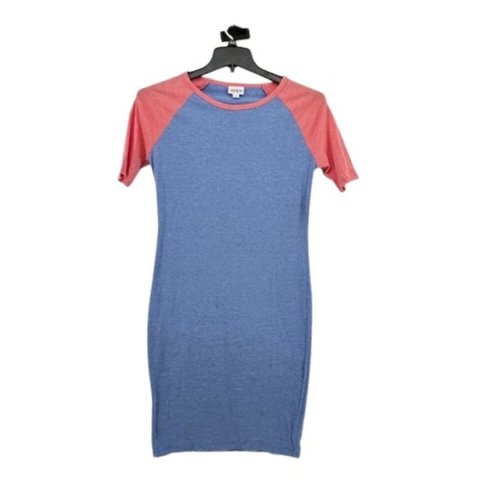 LuLaRoe Julia Tshirt Pencil Dress Size Small Solid Blue Pink Color Block